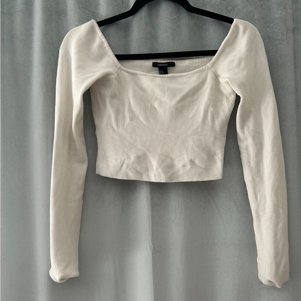 White ribbed square neck long sleeve crop top